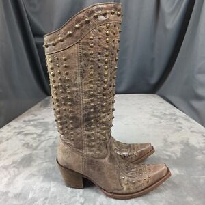 Corral Cowboy Boots Women's 7.5 M Brown Leather Studded Knee Pull On Rockabilly